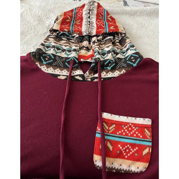 SUNGLORY LONG SLEEVE HOODIE, WOMENS, XL, BURGANDY + MULTICOLOR ACCENTS, POCKETS - Picture 2 of 9